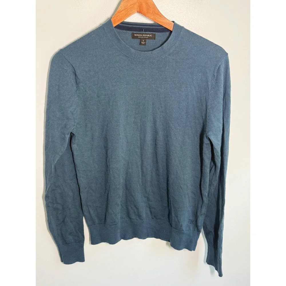 Banana Republic Merino Wool Sweater Mens Small Blue Teal Crew Neck Pullover Knit